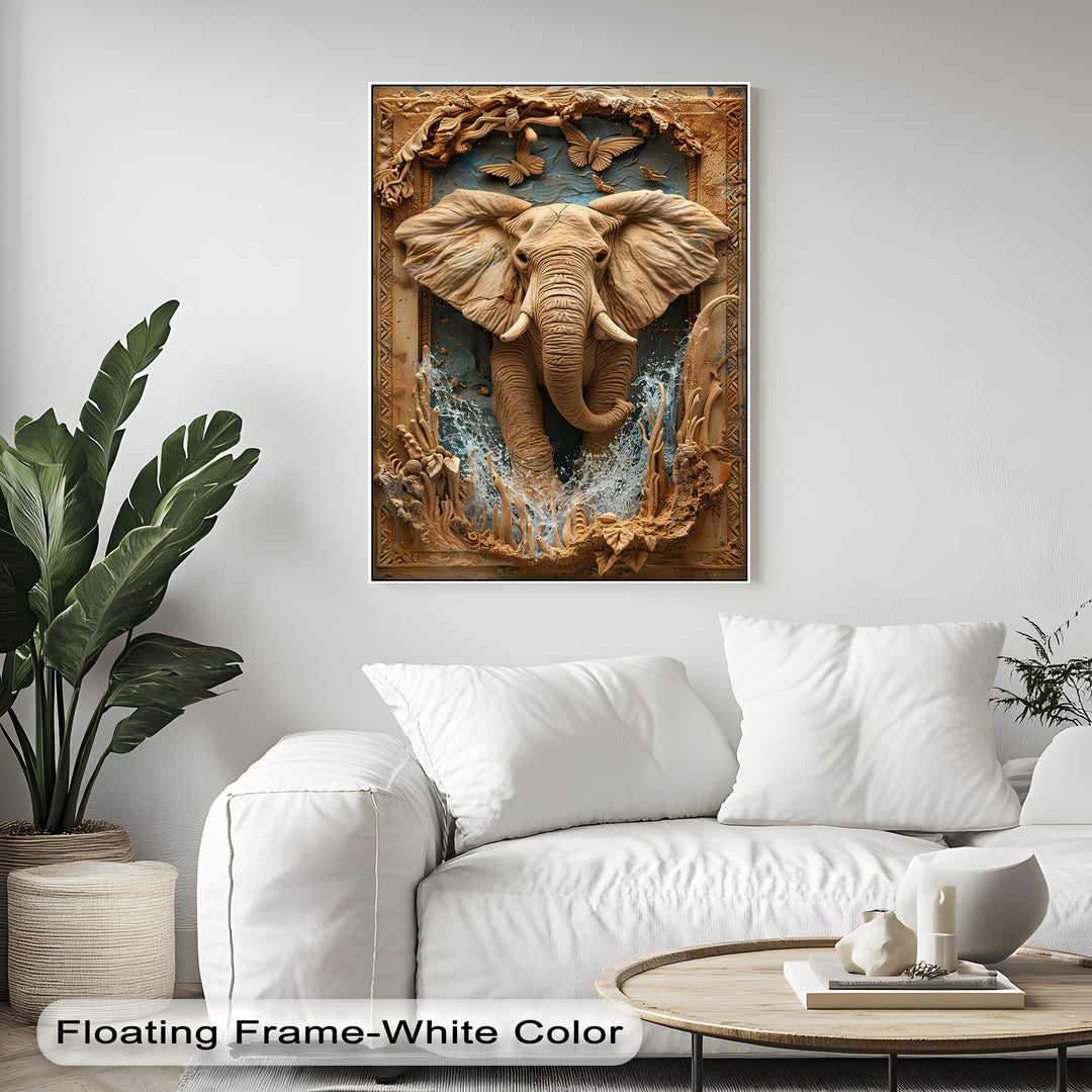 Majestic elephant relief with carved butterflies and dynamic water splashes, intricately framed as captivating canvas art.