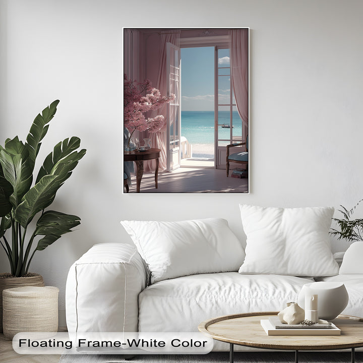 Seaside Serenity – Elegant Room with Ocean View Canvas Print