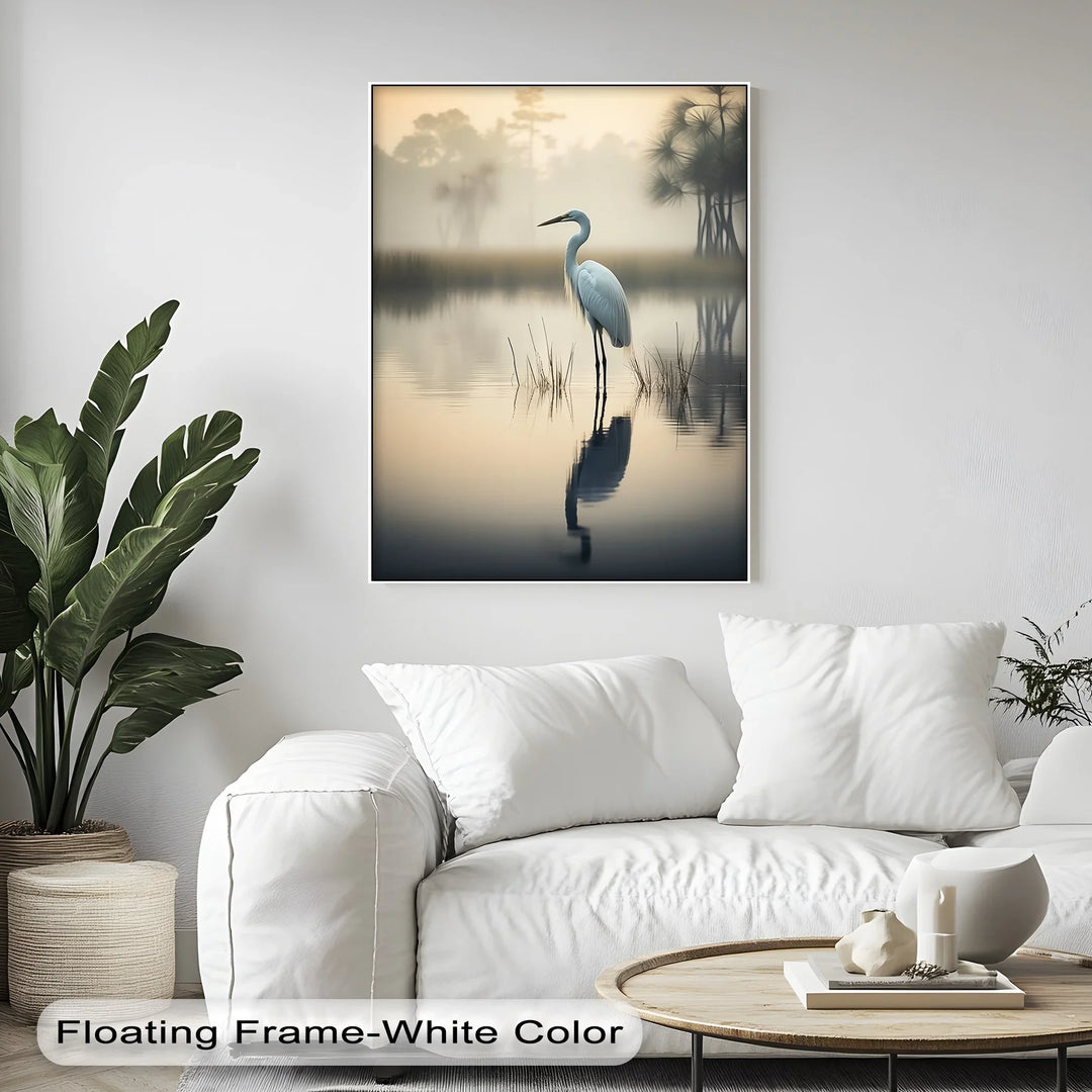 Misty Morning Heron – Serene Lakeside Reflection Canvas Print - MyPhotoStation