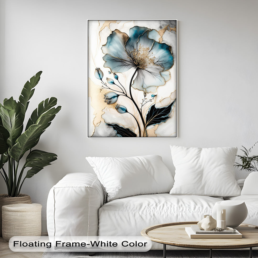 The coffee table in the foreground holds minimalist white decor, complementing the luxurious blue floral big canvas prints.