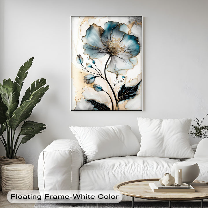 The coffee table in the foreground holds minimalist white decor, complementing the luxurious blue floral big canvas prints.