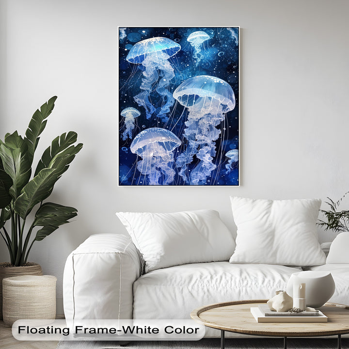 The organic forms of luminous, translucent jellyfish with flowing tentacles are depicted in a deep blue ocean canvas painting.