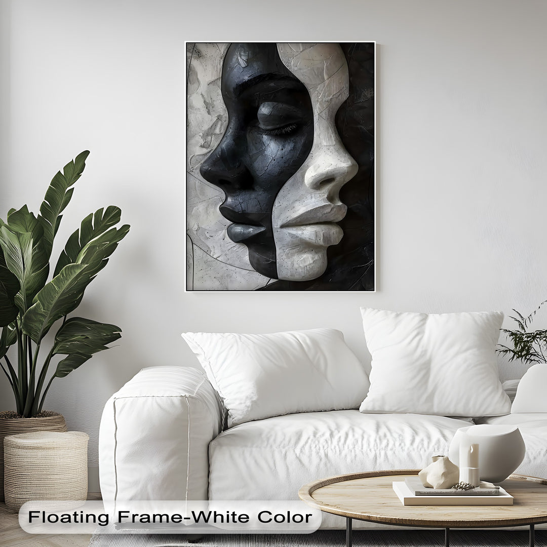 Geometric planes and sculptural curves define the abstract black and white contrasting faces in this captivating canvas pictures art.