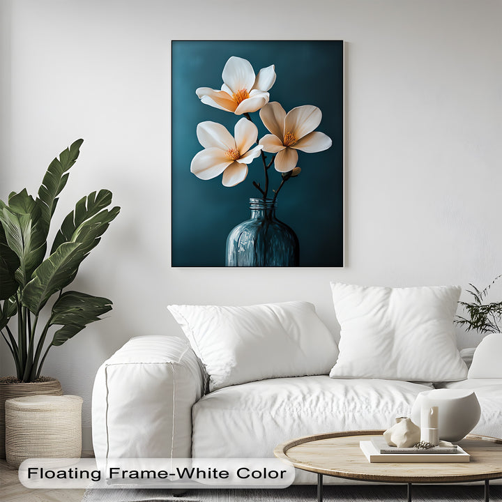 White Magnolia Trio in Teal – Elegant Floral Canvas Prints