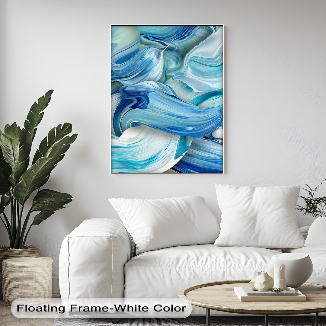 The vibrant color contrast of azure, indigo, and white creates striking abstract ocean wave forms on this big canvas prints.