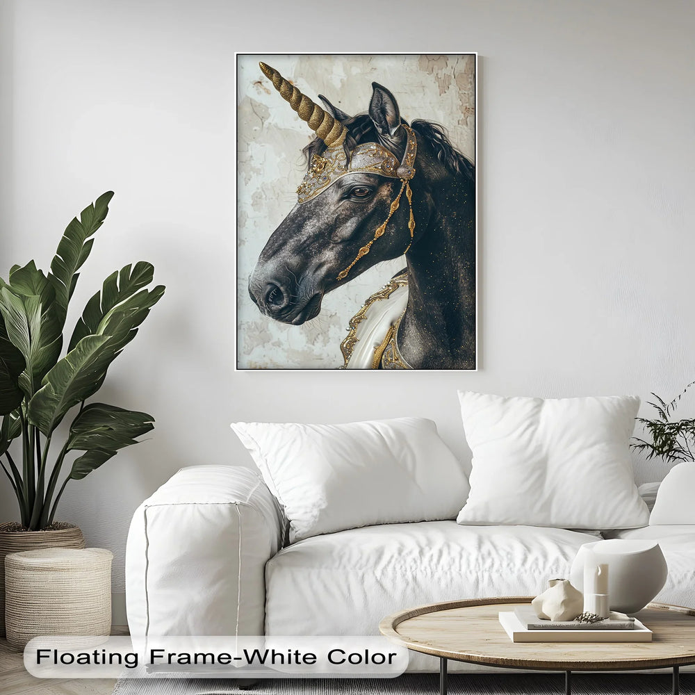 Regal Black Unicorn with Golden Armor – Fantasy Animal Canvas Print - MyPhotoStation