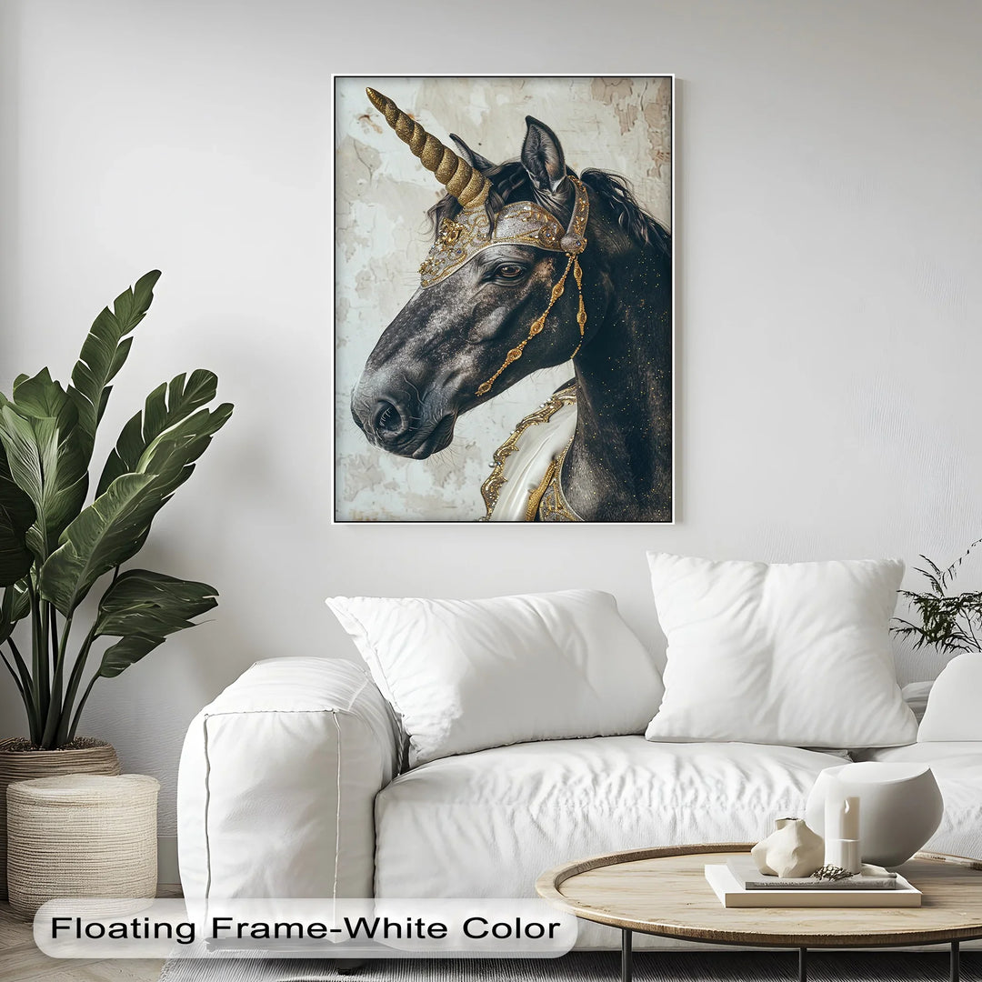 Regal Black Unicorn with Golden Armor – Fantasy Animal Canvas Print - MyPhotoStation