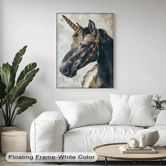 Defined by its crisp edges and borders, this regal black unicorn with golden armor canvas art prints showcases a clean, modern aesthetic.