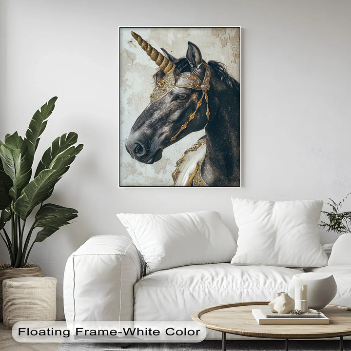 Regal Black Unicorn with Golden Armor – Fantasy Animal Canvas Print - MyPhotoStation