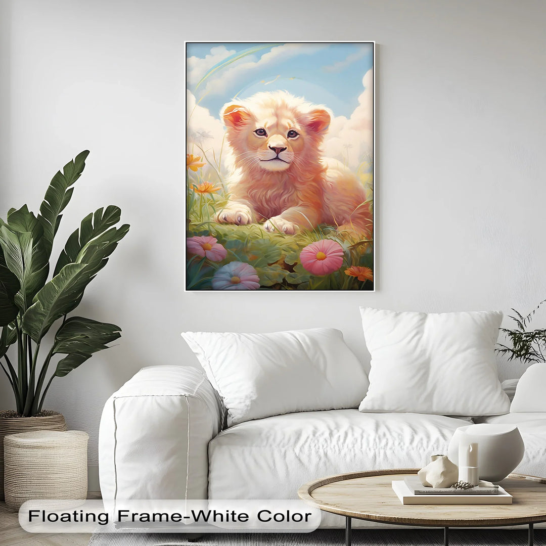 Innocent Majesty – Baby Lion Cub in Blooming Field Animal Canvas Print - MyPhotoStation