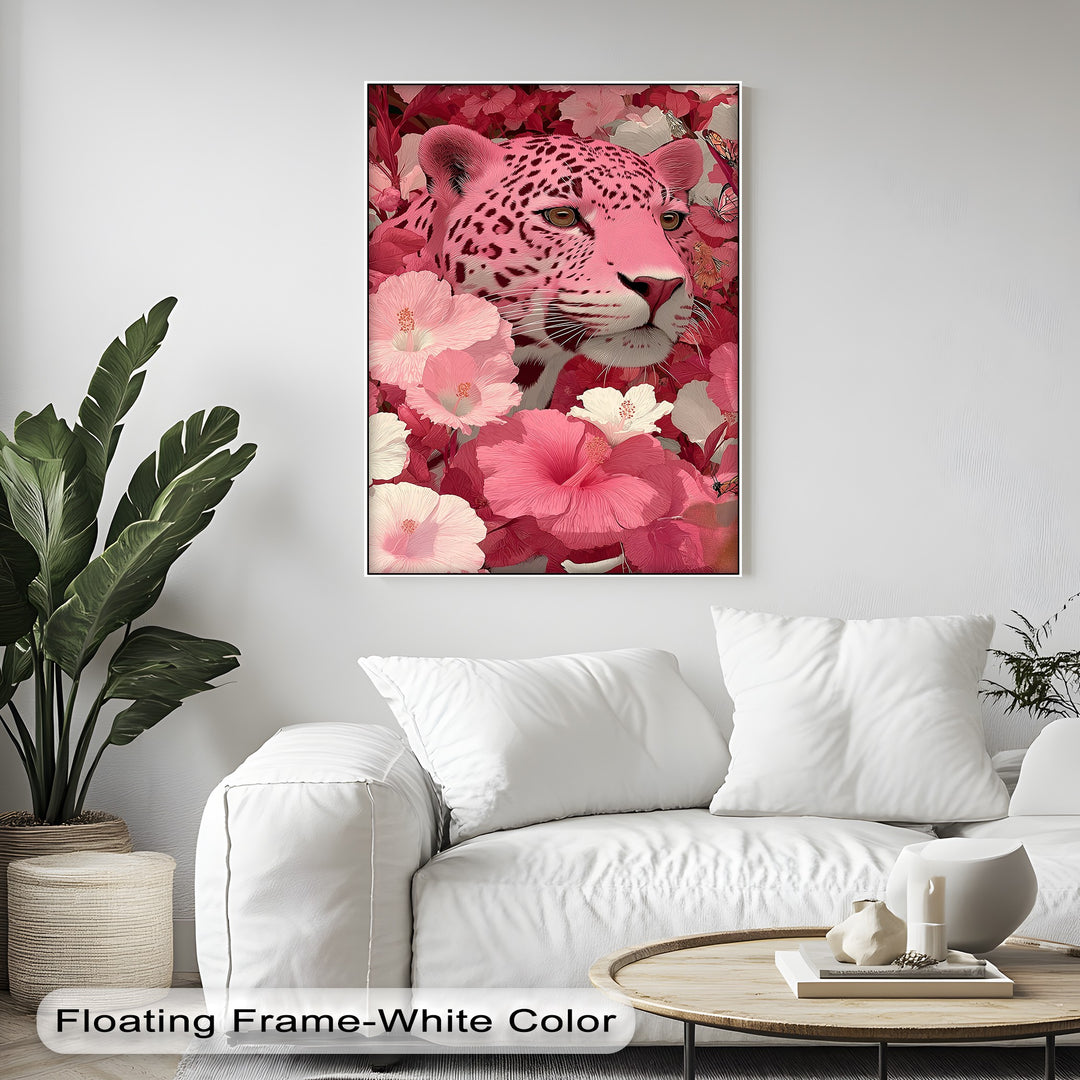 Blush Predator – Pink Leopard in Hibiscus Jungle Canvas Print