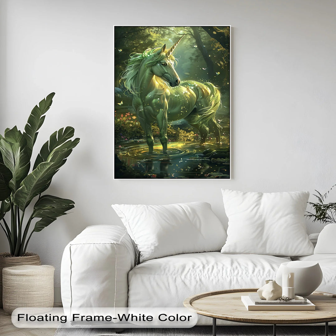 Glowing Green Unicorn in Enchanted Pond - Animal Canvas Print - MyPhotoStation
