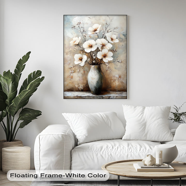 Vintage Bloom Still Life – White Flowers in Vase Canvas Print