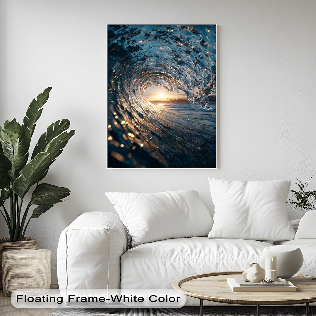 The focal point is a mesmerizing curling ocean wave, capturing golden sunset reflections perfect for stunning canvas wall decor.