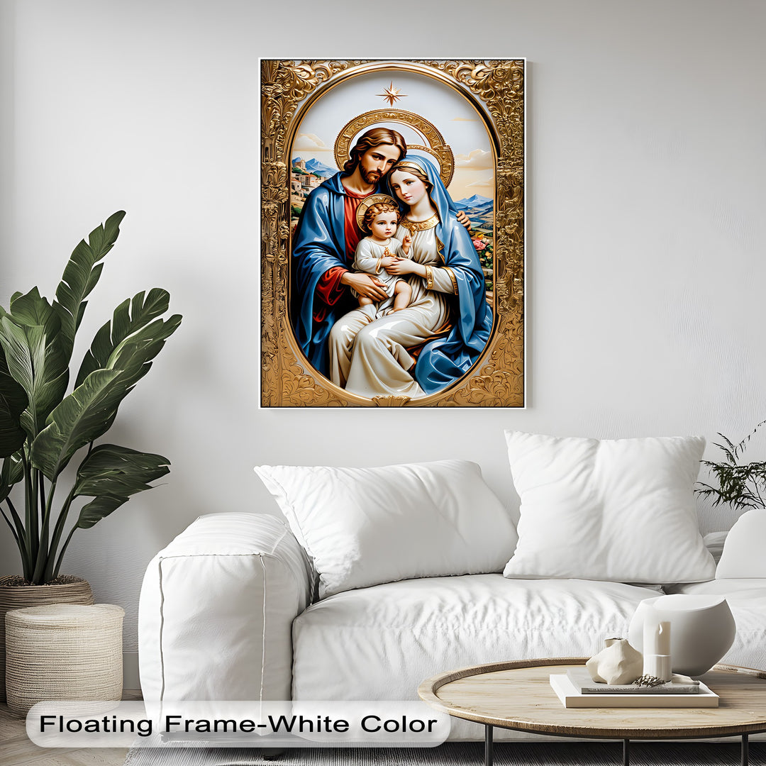 Highly saturated framed canvas art depicts the Holy Family in vibrant blue, red, and gold, standing out with intense color against a muted background.