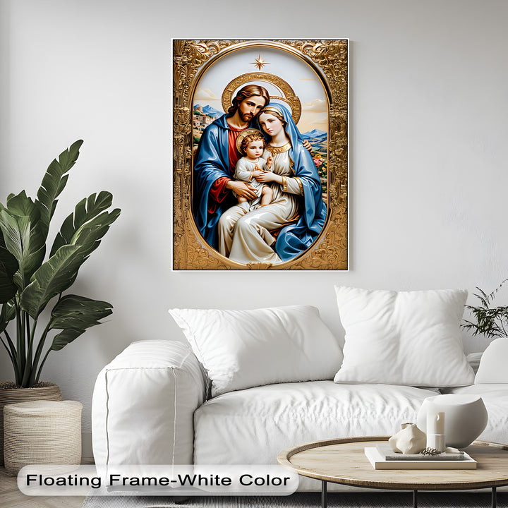 Highly saturated framed canvas art depicts the Holy Family in vibrant blue, red, and gold, standing out with intense color against a muted background.