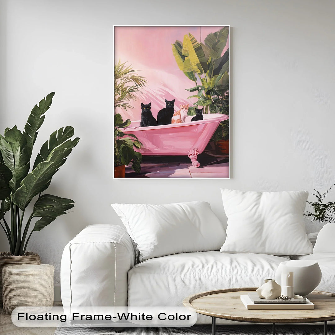 Four Cats in a Pink Bathtub – Playful Botanical Canvas Print - MyPhotoStation