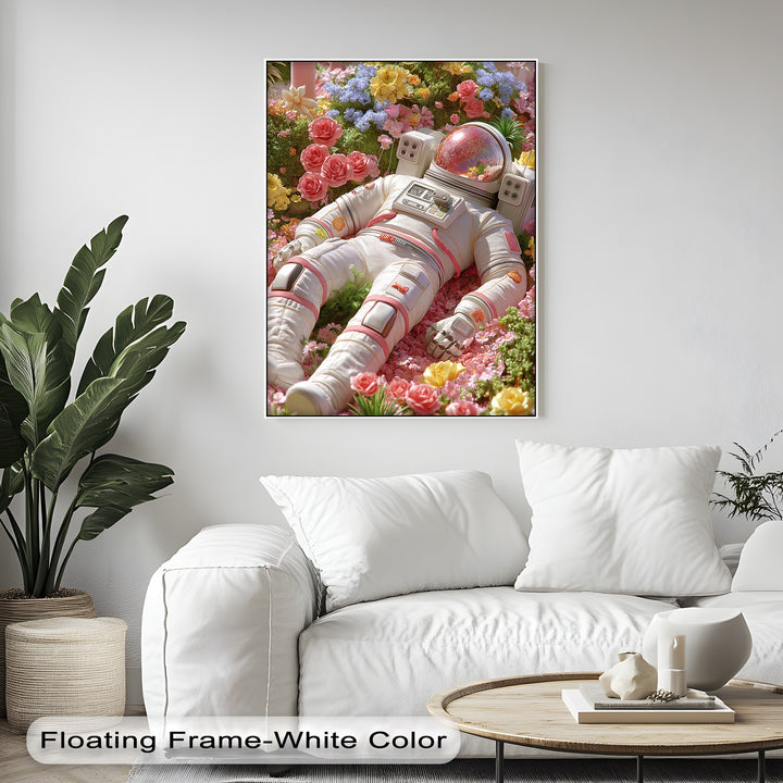 Astronaut Resting in a Garden of Flowers - Pink Canvas Print
