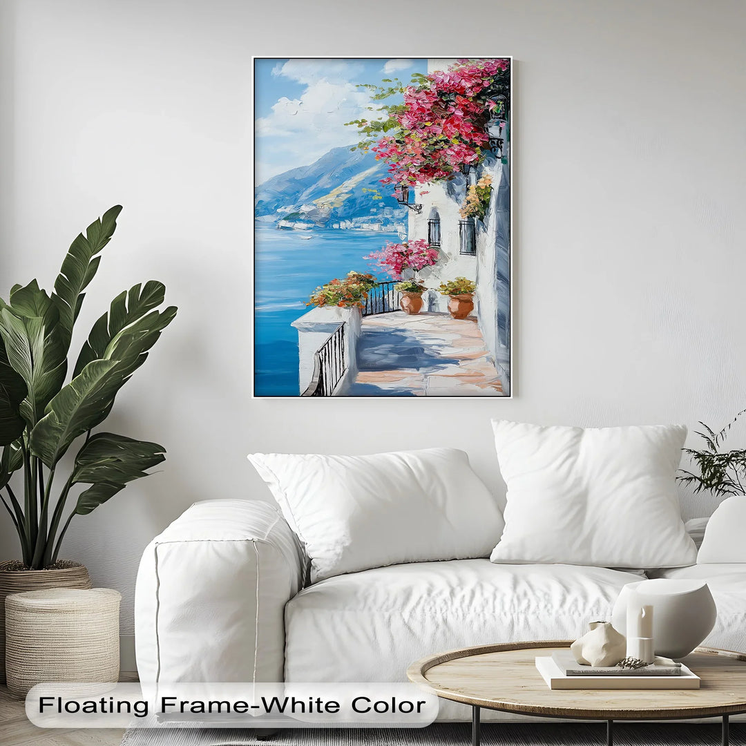Sunlit Balcony by the Amalfi – Seaside Floral Canvas Print