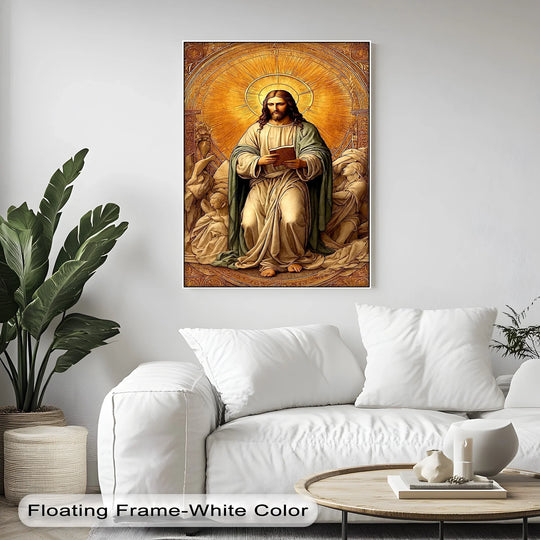 Highlighted by the brightest area, this sacred religious canvas print depicts Christ in radiant light, a beautiful hanging canvas art piece for spiritual spaces.
