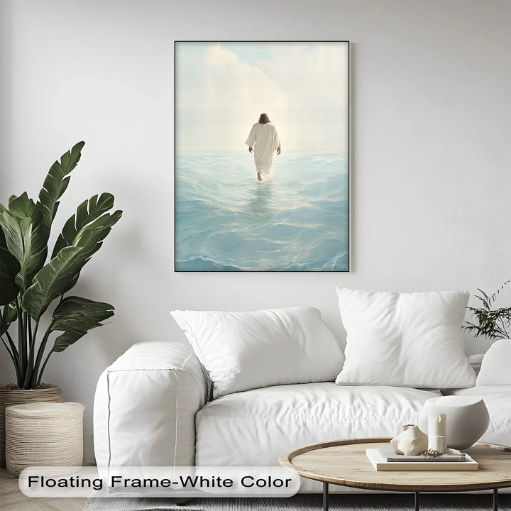 This heavenly custom canvas print of Christ walking on water radiates spiritual calm.

