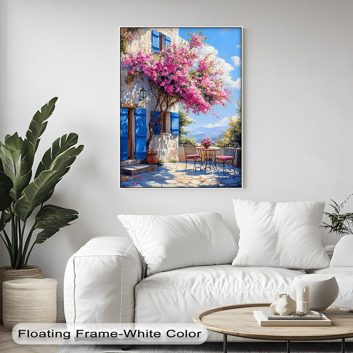 Bougainvillea Breeze – Pink Blossoms and Blue Shutters Canvas Print