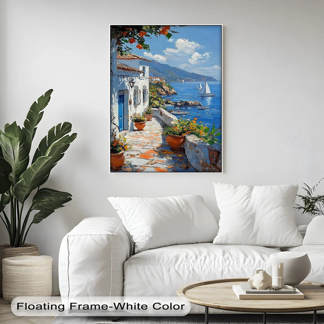 Mediterranean Stroll – Seaside Village Path with Blue Door Canvas Print - MyPhotoStation