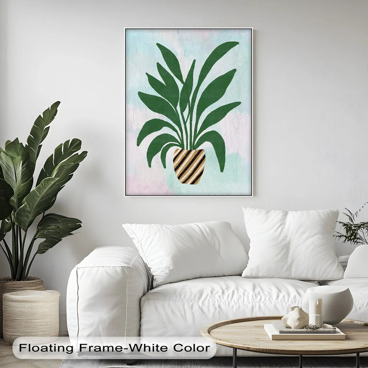 Striped Planter Botanical Art – Minimalist Green Leaf Canvas Print - MyPhotoStation