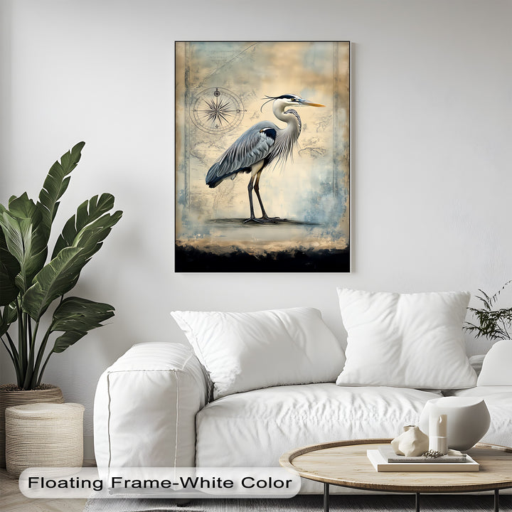 Navigational Heron – Vintage Map Inspired Bird Canvas Print