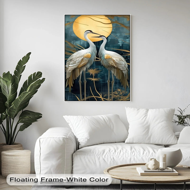Moonlit Elegance – Golden Cranes Under Full Moon Canvas Print - MyPhotoStation