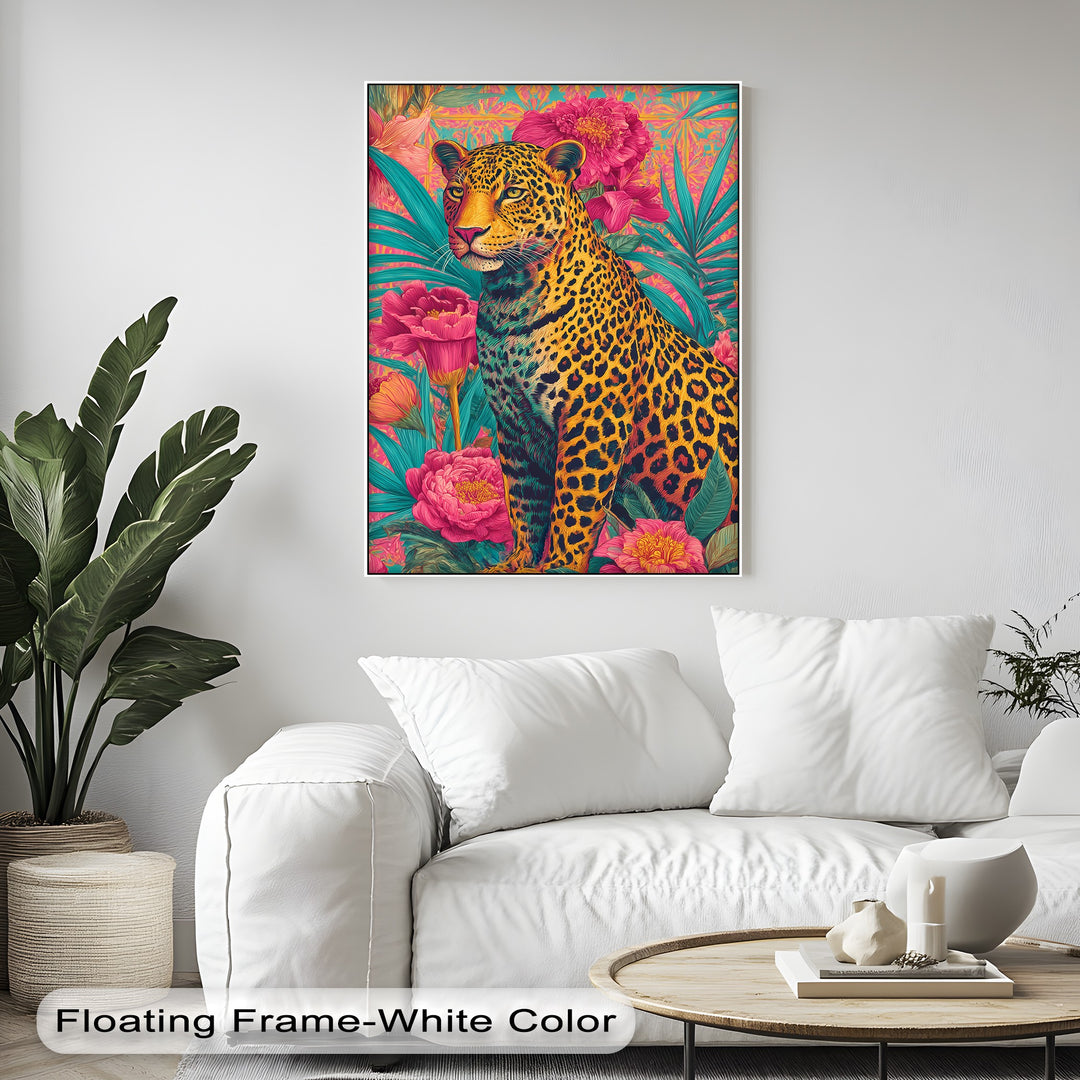 Regal Jungle Majesty – Vibrant Leopard in Floral Canvas Print