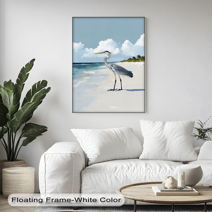 Coastal Heron Under Blue Skies – Tropical Beach Canvas Print