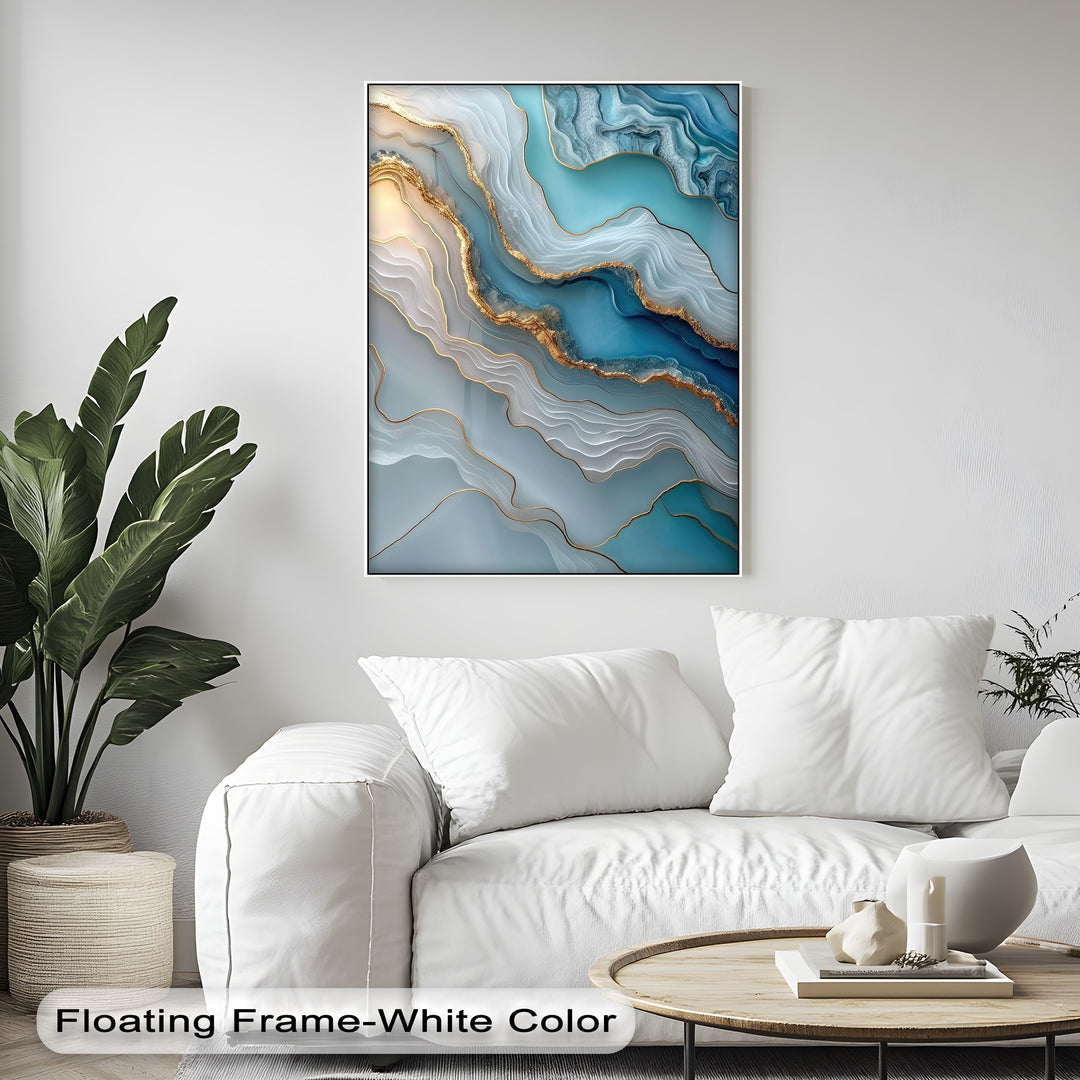 Geometric forms of layered turquoise, azure, and gold characterize these luxurious abstract marble canvas art prints.