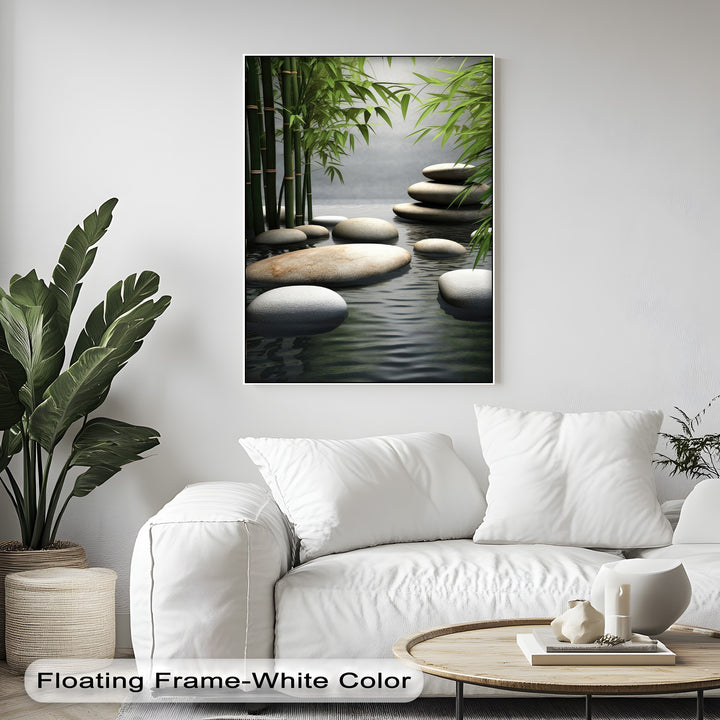 The varied surface texture of the smooth zen stones, subtly rippling water, and tall bamboo stalks are beautifully rendered in these canvas pictures.
