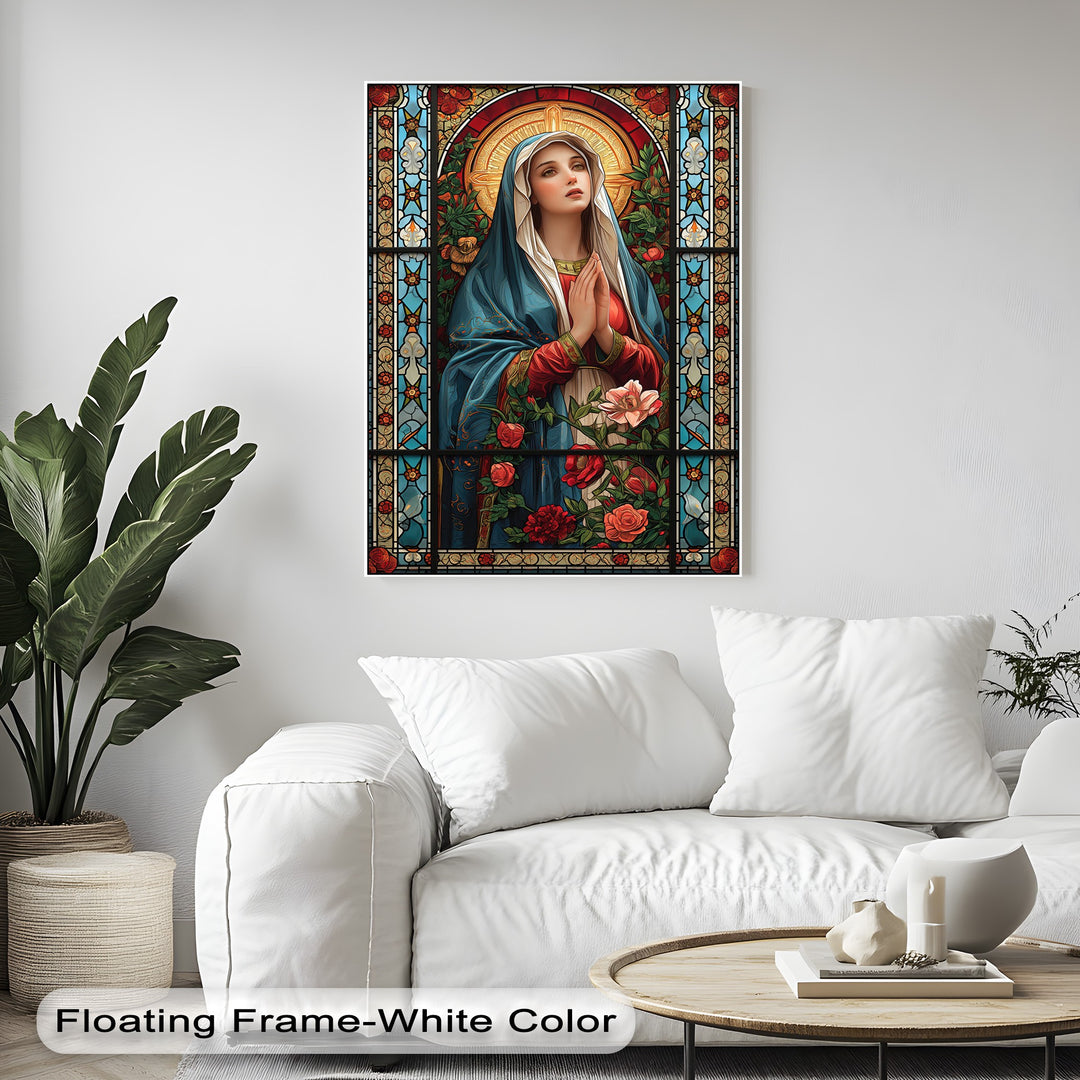 The layering effect reveals the intricate stained glass Virgin Mary with roses, presented as a unique canvas print.
