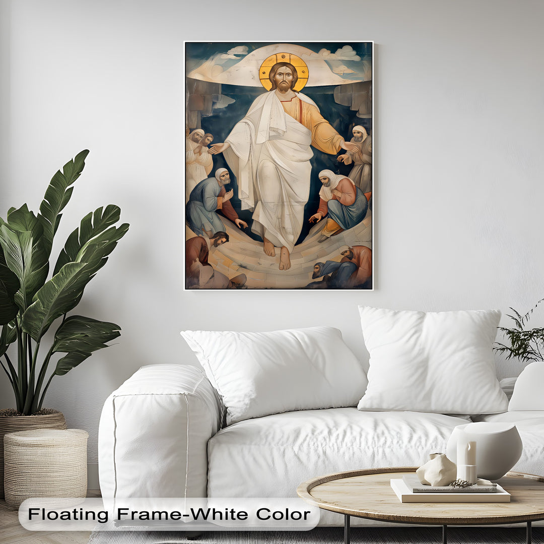 Geometric lines and circular forms define the golden halo and figures' draped clothing in this premium canvas decor of the Resurrection of Christ.