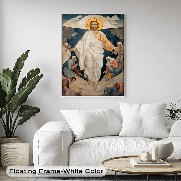 Geometric lines and circular forms define the golden halo and figures' draped clothing in this premium canvas decor of the Resurrection of Christ.