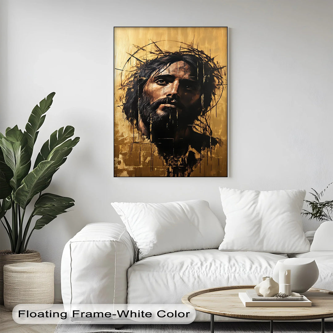 Bring faith and drama to your space with this golden-toned canvas painting of Christ’s sacred visage.

