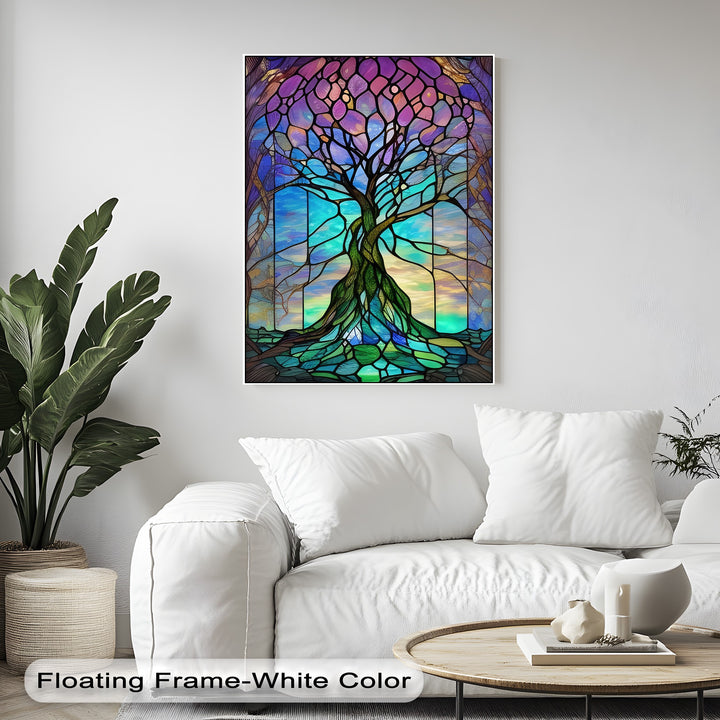 Experience the premium material quality of this vibrant stained glass tree canvas wall art, showcasing rich colors and intricate details.