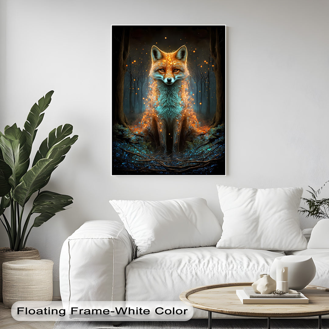 A crisp white sofa and a round wooden coffee table with subtle decor create a serene foreground for the enchanting Mystic Fox canvas wall art.