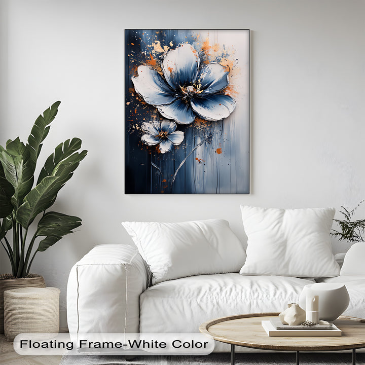 Electric Midnight Bloom – Blue and White Abstract Floral Canvas Print