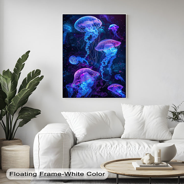 White sofa, wooden coffee table with decor, and a potted plant in the foreground complement the neon jellyfish canvas painting.