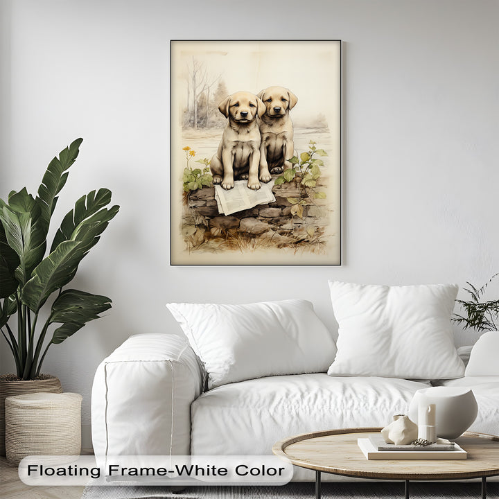 Stone Wall Puppies – Vintage Nature Scene Puppies Canvas Print
