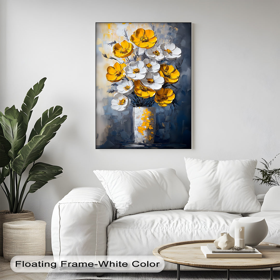 Sunlit Elegance – Yellow and White Poppies in Vase Canvas Print