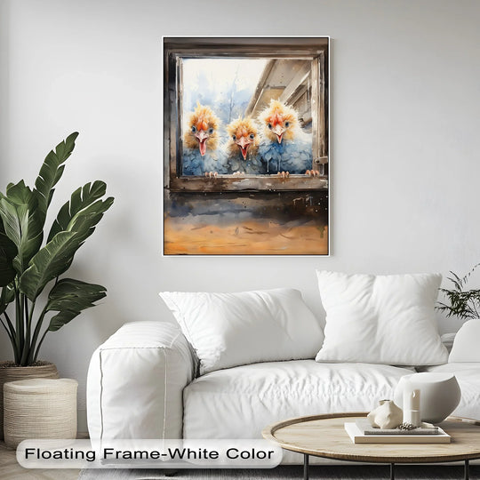Transitioning from the chickens' fluffy yellow crests to their soft blue plumage, this animal canvas wall art captures a whimsical blend of hues at the window.