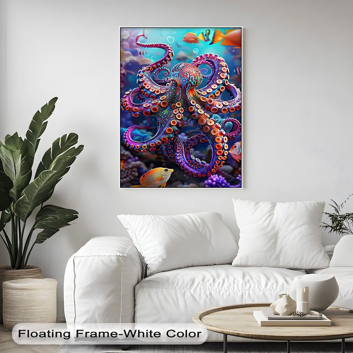 Pristine white sofa, round wooden coffee table with subtle decor create foreground, enhancing Colorful Octopus canvas art prints.