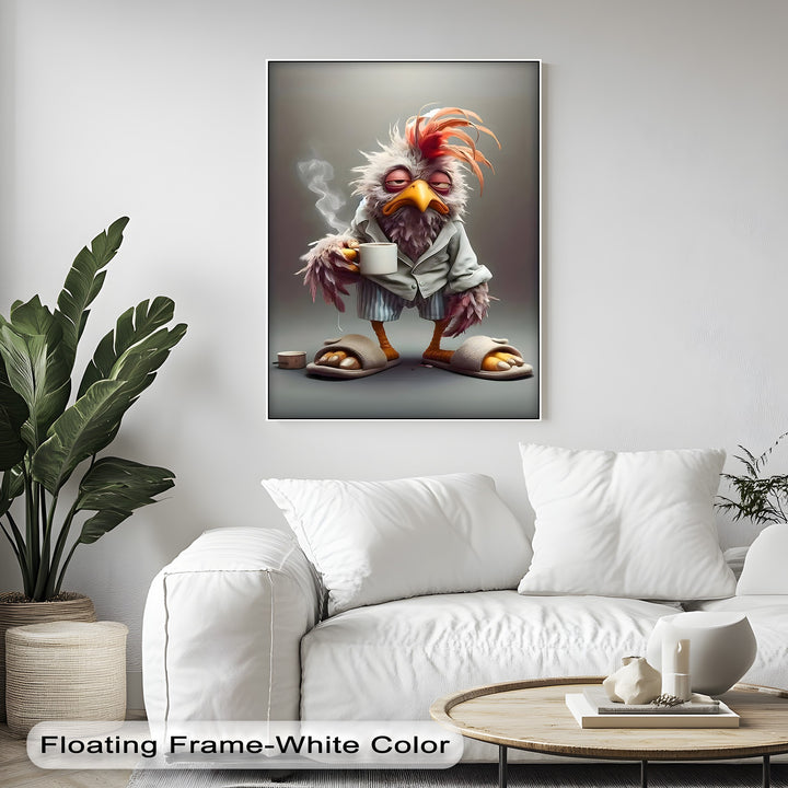 The profoundly grumpy expression of the disheveled bird in slippers and pajamas dominates this funny coffee canvas painting.