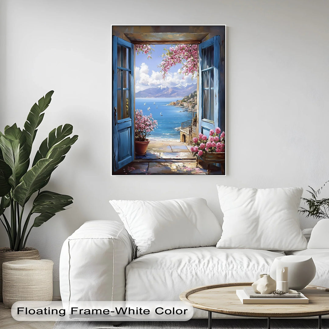 Mediterranean View – Open Window with Coastal Seascape Canvas Print - MyPhotoStation