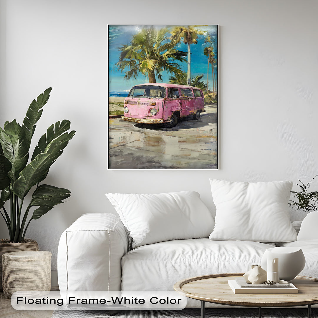 Pink Paradise Ride – Vintage Van by the Beach Canvas Print