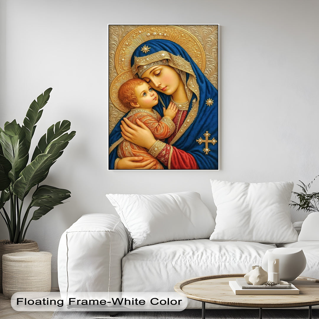 Flowing grace and tender interaction radiate from this Madonna and Child canvas art, a captivating piece of Christian religious wall art.